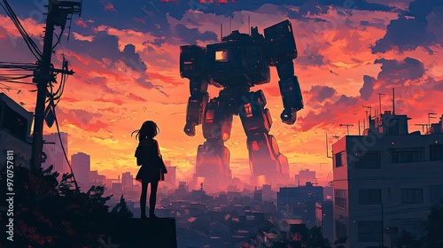 Schoolgirl Facing Giant Robot in Futuristic Cityscape at Sunset