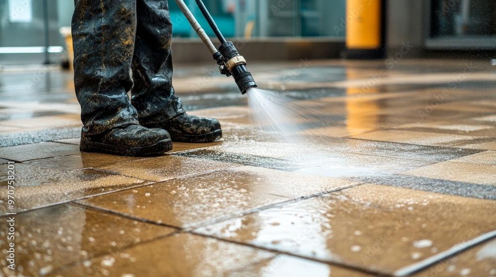 Focused worker expertly power-washing a tiled surface, the force of water removing tough stains, leaving a pristine and shiny finish behind Focused worker expertly power-washing a tiled surface, the force of water removing tough stains, leaving a pristine and shiny finish behind
