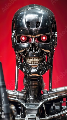 Menacing Terminator Robot Head with Glowing Red Eyes and Metal Skull