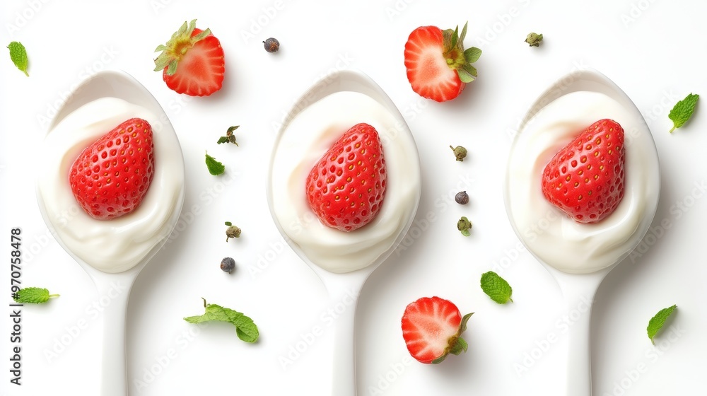 Delicious yogurt with strawberries in spoons isolated on white set Delicious yogurt with strawberries in spoons isolated on white set