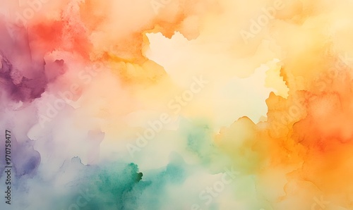 A soft and abstract watercolor painting with big blended hues of rainbow