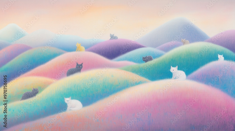 Fototapeta premium Serene pastel hills with cats: dreamy landscape illustration for spring decor