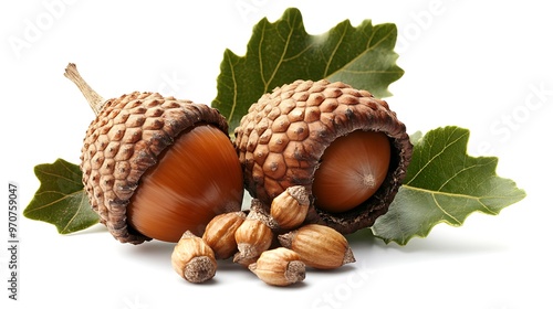 Acorns and Oak Leaves on a White Background