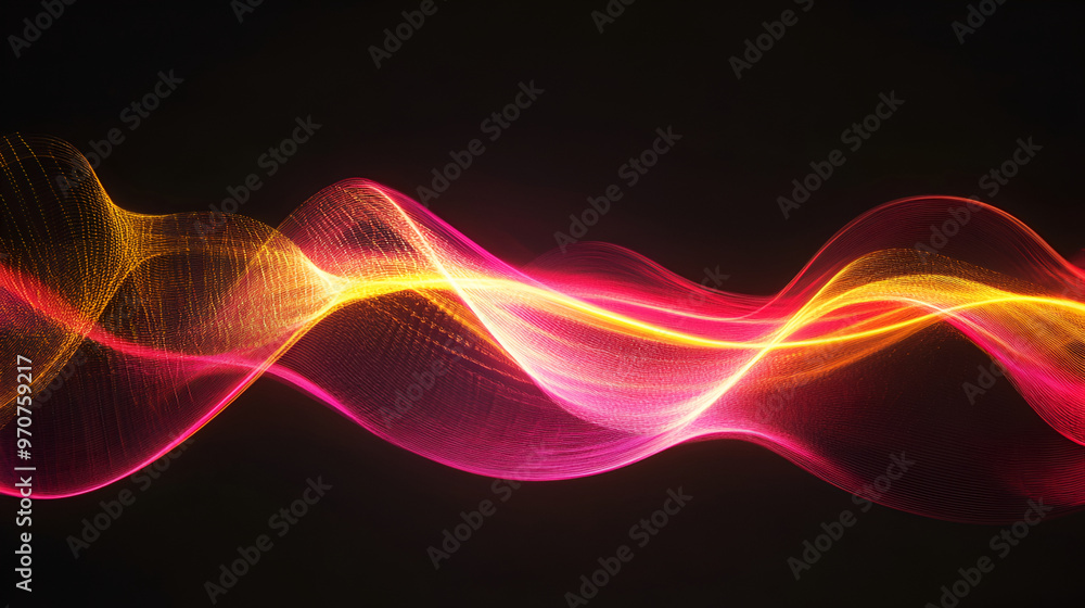 Bold abstract background with a spiral sound wave rhythm line in vibrant pink and yellow, set against a black background for dramatic effect ,a colorful light wave pattern
Bold abstract background with a spiral sound wave rhythm line in vibrant pink and yellow, set against a black background for dramatic effect ,a colorful light wave pattern
