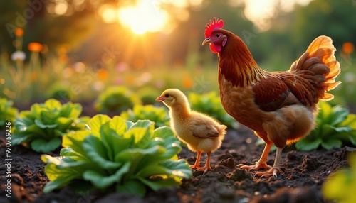 Une poule et ses petits poussins s'aventurent dans le potager, s'arrêtant émerveillés devant une salade fraîche, leurs plumes contrastant avec la verdure.