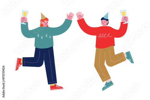 飲み物を持ち、祝日を祝うパーティーを一緒に楽しむ陽気な友人達。笑顔でダンスを踊る幸せな人々。漫画のキャラクターベクターイラスト