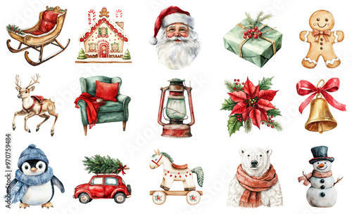 Watercolor Christmas set isolated on transparent background.