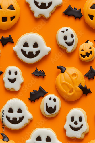 A pattern of cookies in the shape of smiling ghosts and pumpkins on an orange background. Halloween pattern