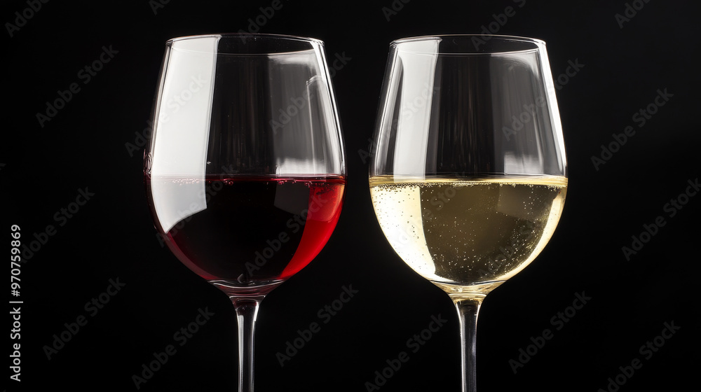 A red and white wine glass sits against a black background. This simple image is perfect for a wine menu or advertising. A red and white wine glass sits against a black background. This simple image is perfect for a wine menu or advertising.