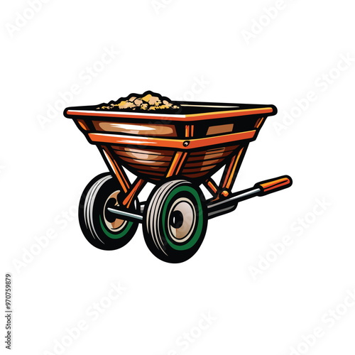 A cartoon illustration of a brown seed spreader with wheels. photo