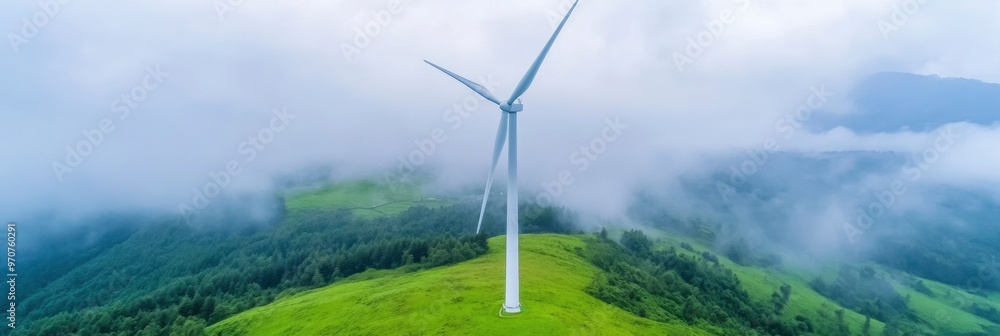 View of the wind turbine from above on the stunning island. View of the wind turbine from above on the stunning island.