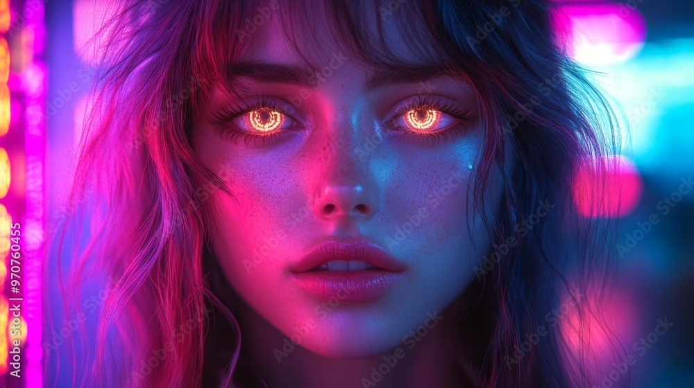 Neon Portrait of a Woman with Glowing Eyes Generative AI Neon Portrait of a Woman with Glowing Eyes Generative AI