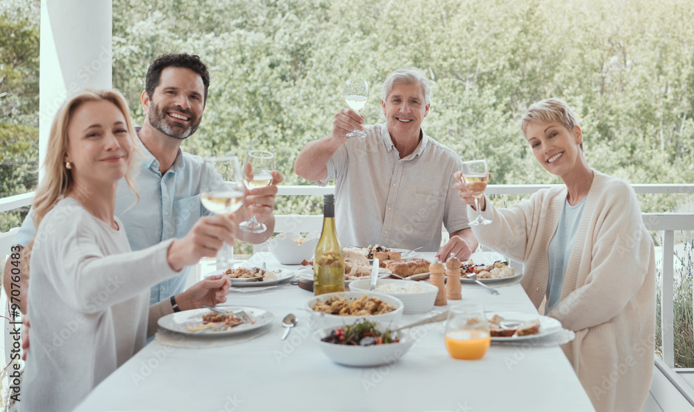 Food, portrait and table with family on house porch with wine for celebration or festive holiday. Alcohol, toast or brunch with people eating in home together for party event or social gathering Food, portrait and table with family on house porch with wine for celebration or festive holiday. Alcohol, toast or brunch with people eating in home together for party event or social gathering