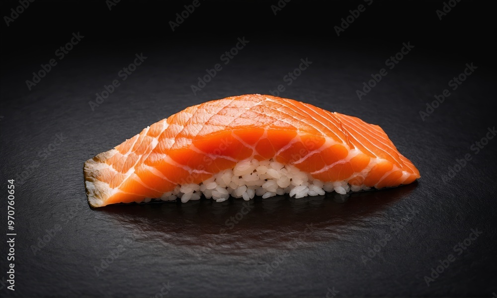 Single salmon nigiri sushi on black slate plate Single salmon nigiri sushi on black slate plate