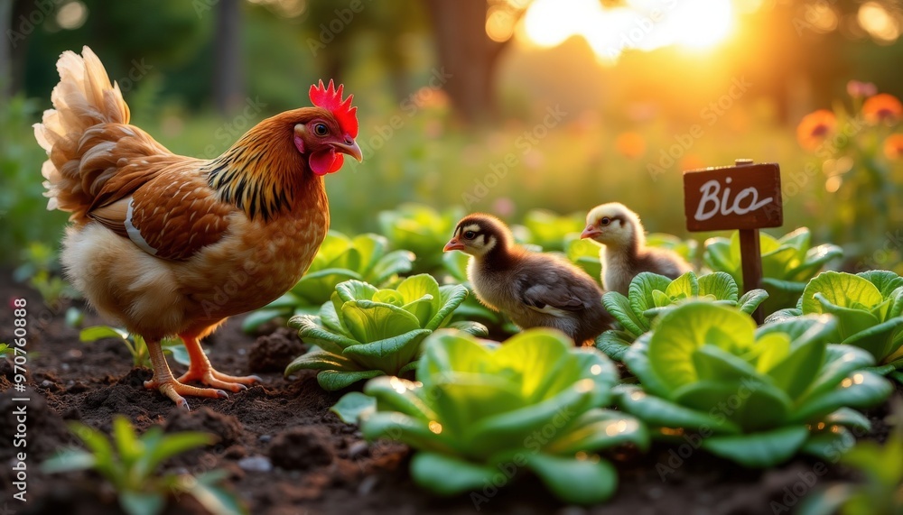 Fototapeta premium Une poule caquette doucement tandis que ses poussins découvrent une magnifique salade dans le potager, l’air rempli de promesses de festin.
