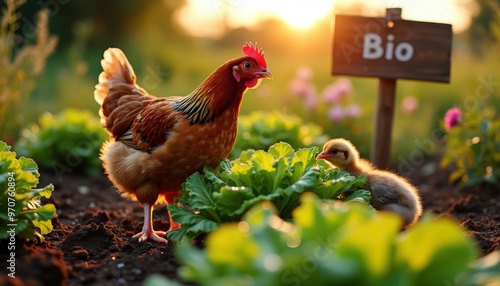 Au cœur du potager, une poule veille sur ses poussins tandis qu'ils explorent, la salade verte appétissante en toile de fond, apportant une touche de vie et de fraîcheur.