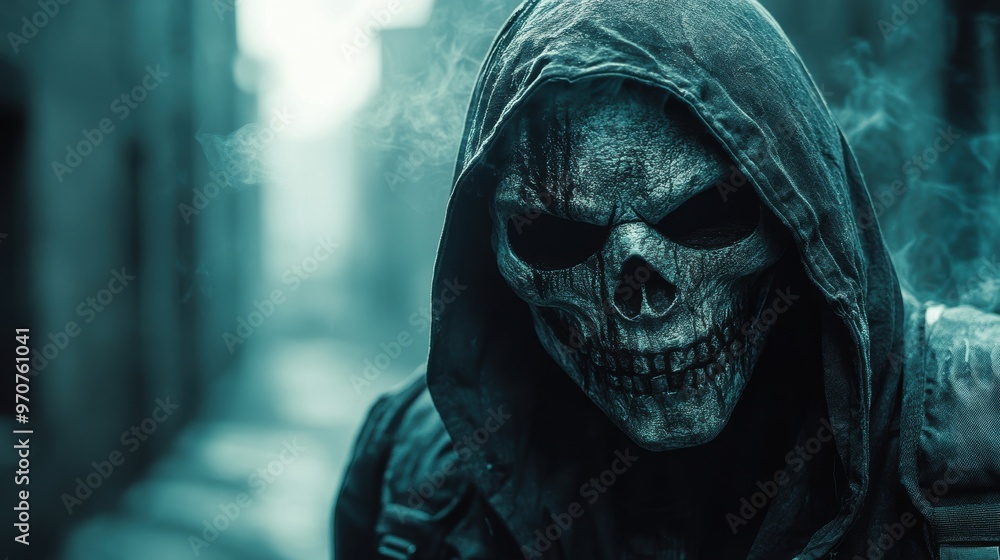 Eerie Urban Reaper with Glowing Eyes in Atmospheric Cityscape - Spooky Skeleton Mask with Copy Space for Halloween Concept Design Eerie Urban Reaper with Glowing Eyes in Atmospheric Cityscape - Spooky Skeleton Mask with Copy Space for Halloween Concept Design
