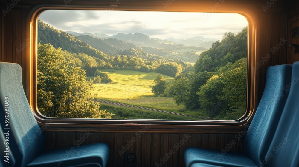 Fototapeta premium Serene Swiss Farmland Viewed Through Train Window