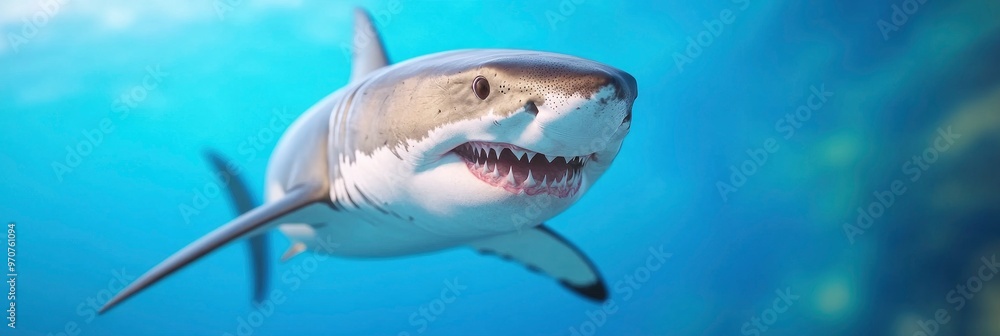 Naklejka premium Incredible Chum Line Attack by a Great White Shark During a Shark Cage Dive in Port.