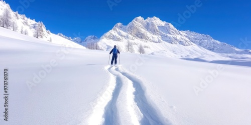 Skiing in the alpine with an instructor guide.