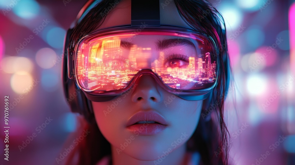 Woman Wearing VR Headset in Neon Lights Generative AI Woman Wearing VR Headset in Neon Lights Generative AI