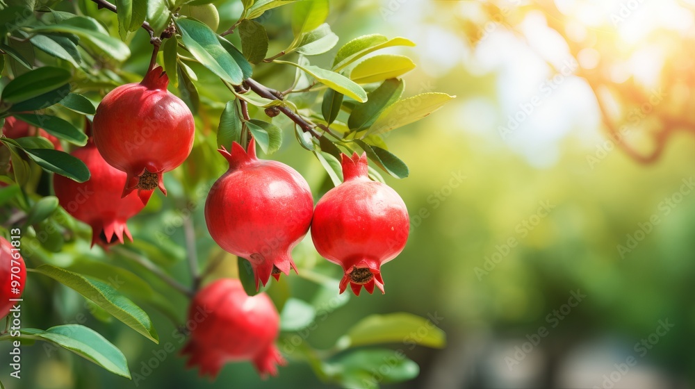 Bright red pomegranates ripening on a tree in a sunlit garden during late summer Bright red pomegranates ripening on a tree in a sunlit garden during late summer