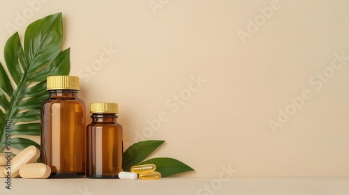 Flatlay of vitamin bottles and leaves on a neutral beige surface, minimalist aesthetic, soft natural light, top view