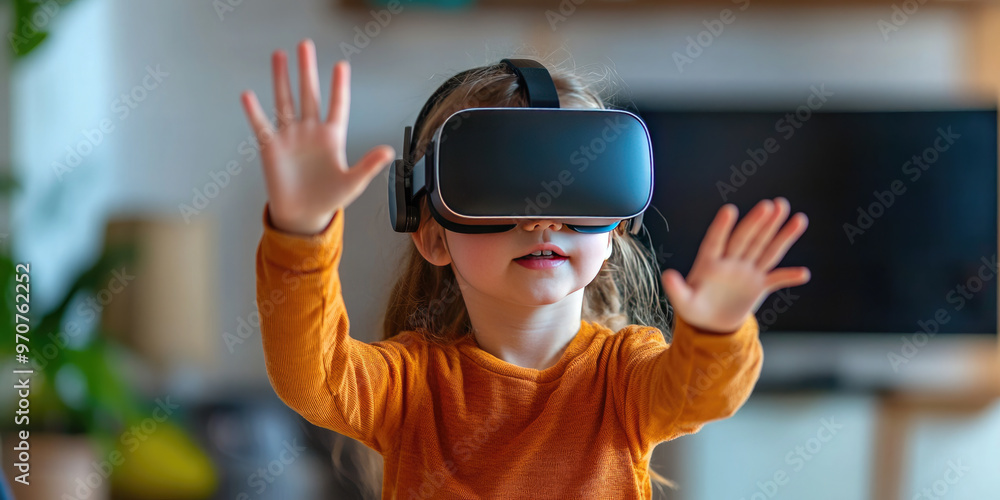 Young girl is immersed in a virtual reality experience, gesturing with her hands as she interacts with the digital world Young girl is immersed in a virtual reality experience, gesturing with her hands as she interacts with the digital world