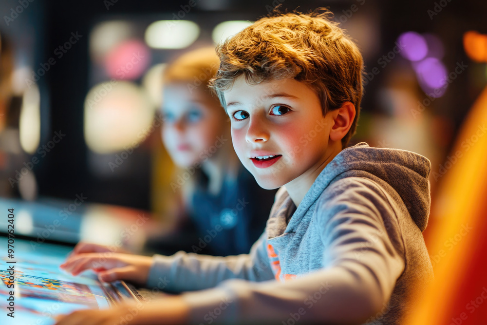 Boy captivated by futuristic interactive game on big screen Boy captivated by futuristic interactive game on big screen