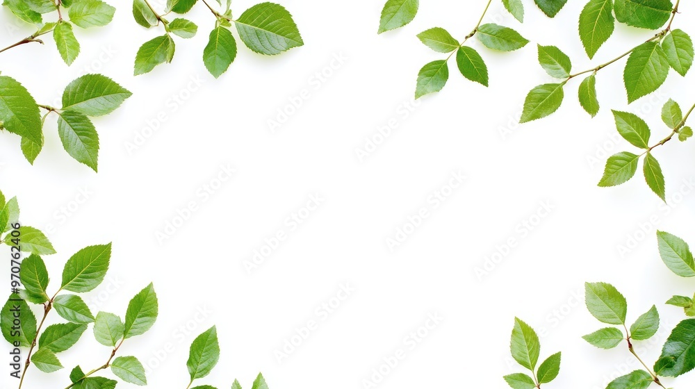 Botanical frame of young leaves and shoots of rosehip isolated on white. Natural green branches and leaves overlay background. Element for creating collage or design greeting cards invitations. Botanical frame of young leaves and shoots of rosehip isolated on white. Natural green branches and leaves overlay background. Element for creating collage or design greeting cards invitations.