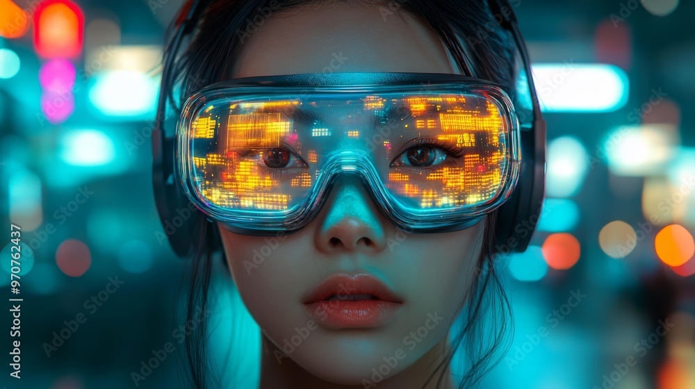 Futuristic Digital Interface on VR Headset Generative AI Futuristic Digital Interface on VR Headset Generative AI