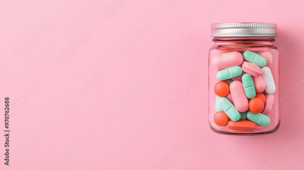 Glass jar of vitamins on a soft pastel background, minimalist design, clean shadows, top view Glass jar of vitamins on a soft pastel background, minimalist design, clean shadows, top view