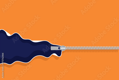 Vector and illustration, open zipper on orange background. paper cut style.