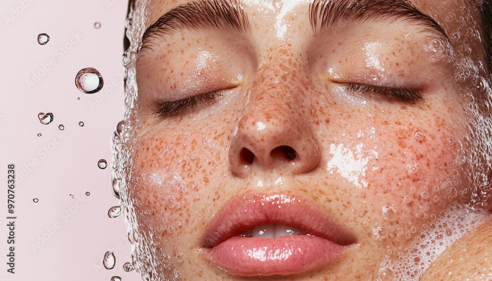 Describe how the visual elements in the image drops, bubbles, and clarity can symbolize hydration and nourishment in skincare Describe how the visual elements in the image drops, bubbles, and clarity can symbolize hydration and nourishment in skincare