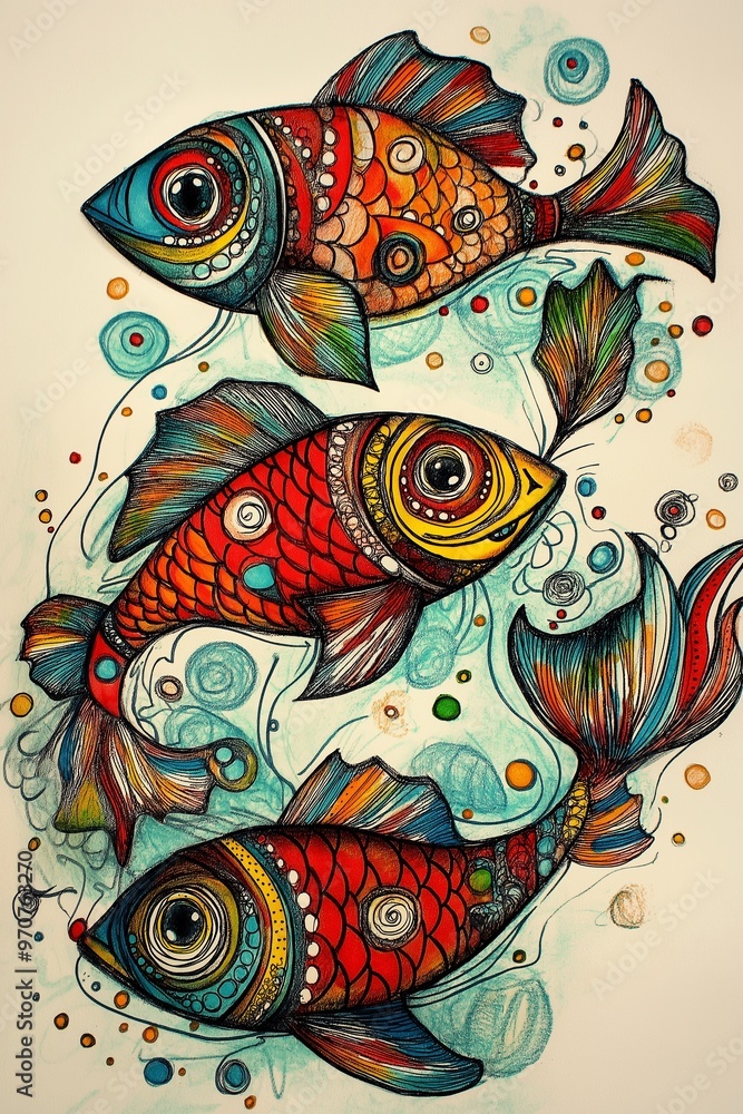 Three colorful fish swimming in a blue ocean. The fish are painted in bright colors and have a playful, whimsical feel to them Three colorful fish swimming in a blue ocean. The fish are painted in bright colors and have a playful, whimsical feel to them