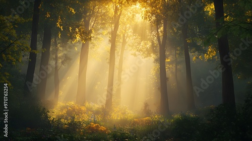 Sunbeams Illuminating a Misty Forest Clearing