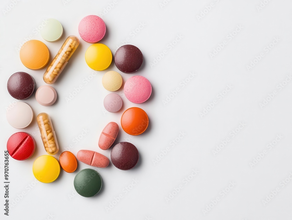 Obraz premium Scattered multivitamins in a circular pattern on a white surface, minimalist, neutral tones, top view