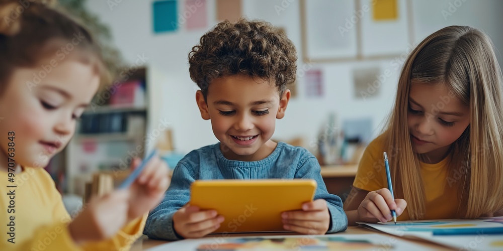 Fototapeta premium Three children are sitting at a table with a tablet in front of them. One of the children is smiling while using the tablet. The scene suggests that the children are engaged in a fun