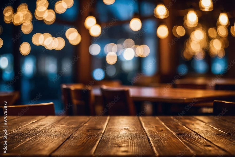 Wooden table in front of abstract blurred restaurant lights background Wooden table in front of abstract blurred restaurant lights background
