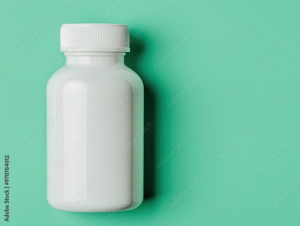 Single vitamin bottle surrounded by soft shadows on a pastel green background, minimalist design, top view Single vitamin bottle surrounded by soft shadows on a pastel green background, minimalist design, top view