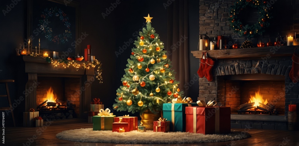 Fototapeta premium Interior Christmas. magic glowing tree, fireplace gifts in dark