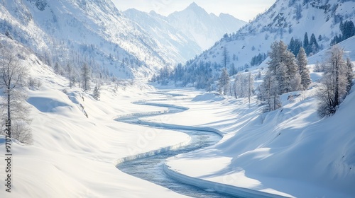 A frozen river winding through a snow-covered valley, creating a tranquil winter scene.