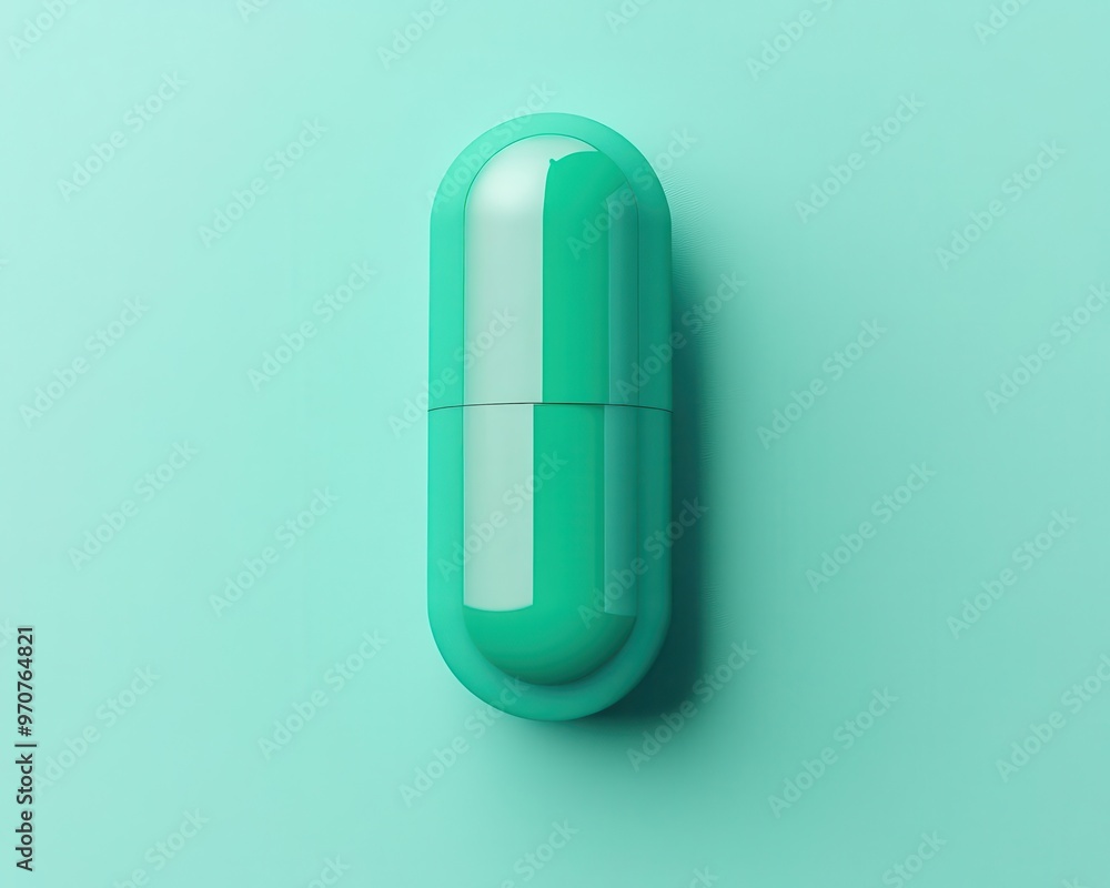 Single vitamin capsule on a soft blue background, minimalist design, clean layout, top view Single vitamin capsule on a soft blue background, minimalist design, clean layout, top view
