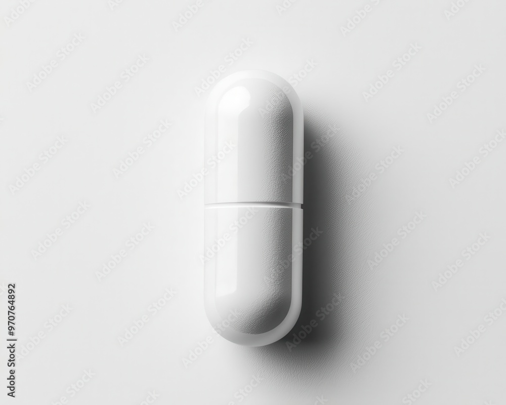 Single vitamin capsule in the center of a white surface, minimalist, soft shadows, top view Single vitamin capsule in the center of a white surface, minimalist, soft shadows, top view