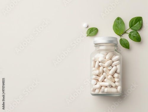 Clear vitamin bottle with scattered capsules on a light beige background, minimalist and clean design, top view photo