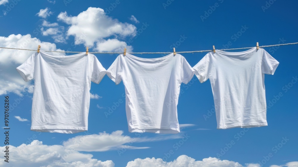Three white t - shirts hanging on clothesline against blue sky with clouds Three white t - shirts hanging on clothesline against blue sky with clouds