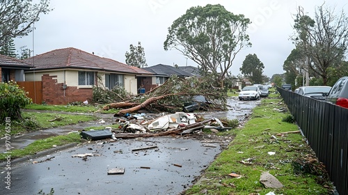 Earthquake aftermath in a suburban area, homes partially destroyed, fences broken, trees toppled onto cars, tension in the air with an overcast sky photo