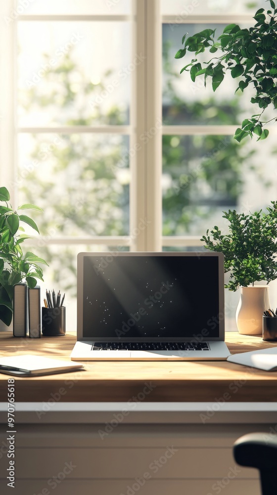 Cozy home Office Concept Showcasing Minimalist Style: A work Desk with computer, Documents, green plants and Well-Lit Interior. graphic Resources, Illustration, Cozy home Office Concept Showcasing Minimalist Style: A work Desk with computer, Documents, green plants and Well-Lit Interior. graphic Resources, Illustration,