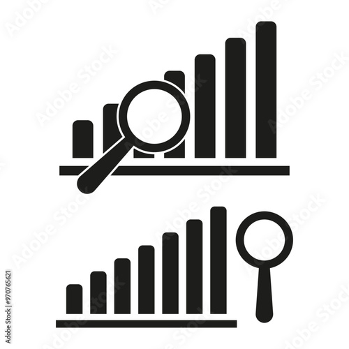 Analytics bar icon. Magnifying glass symbol. Growth chart vector. Search data image.