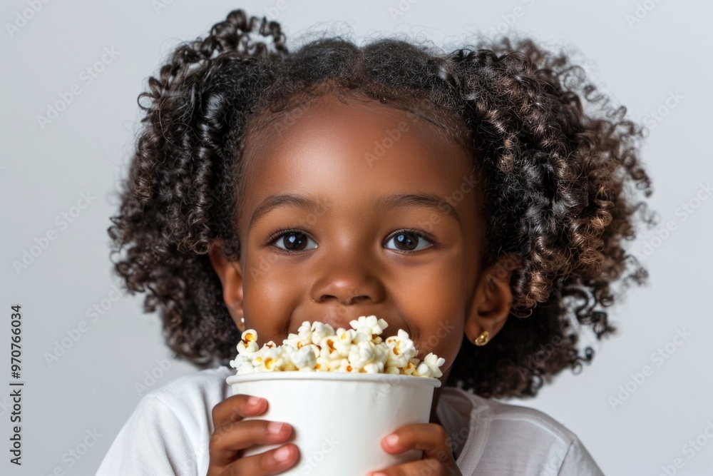 Naklejka premium A young child happily munching on a bowl of popcorn